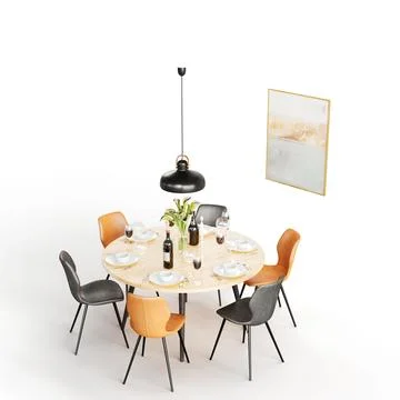 3D rendered illustration of a dining table surrounded by chairs, adjacent to art Stock Photos