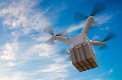 3D rendered illustration of drone flying in the sky and delivering a package. Illustrazione stock