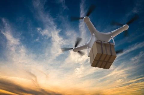 3D rendered illustration of drone flying in the sky and delivering a package at  Illustrazione stock