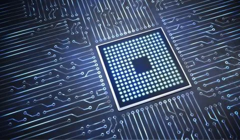 3D rendered illustration of electronic circuit with microchips and glowing si 스톡 일러스트
