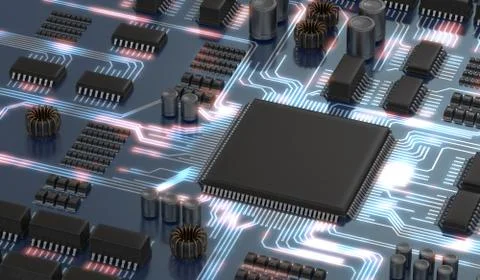 3D rendered illustration of electronical circuit with microchip or processor  Illustrazione stock