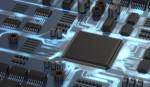 3D rendered illustration of electronical circuit with microchip or processor. Stock Illustration