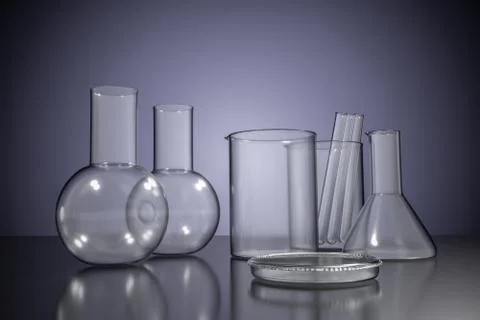 3D rendered illustration of empty chemical laboratory glassware. Illustrazione stock
