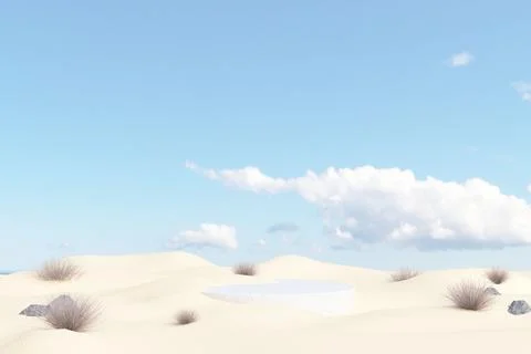 3d rendered illustration of an empty podium in the desert with blue sky in the b Illustrazione stock