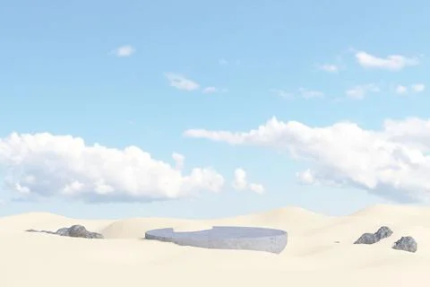 3d rendered illustration of an empty podium in the desert with blue sky in the b Illustrazione stock