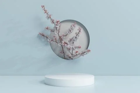 3d rendered illustration of an empty podium in blue colors with sakura branch de Stock Illustration