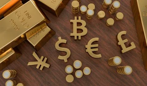 3D rendered illustration of gold bars and golden currency symbols. Stock exch 스톡 일러스트