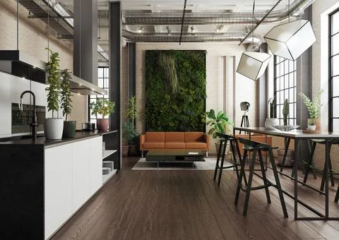 3d rendered illustration of a loft modern interior with a kitchen, dining room, Stock Illustration