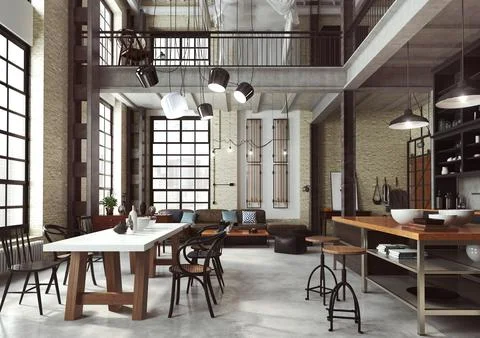 3d rendered illustration of a loft open plan modern apartment Stock Illustration