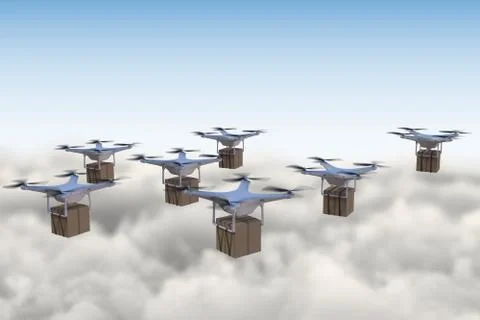 3D rendered illustration of many drones flying above the clouds and delivering p Stock Illustration