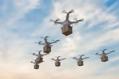 3D rendered illustration of many drones flying in the sky and delivering package Stock Illustration