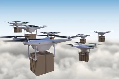 3D rendered illustration of many drones flying above the clouds and delivering p 스톡 일러스트