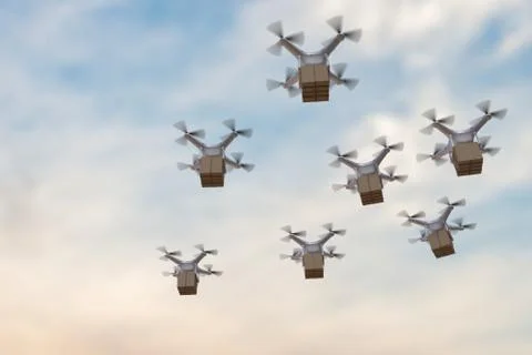 3D rendered illustration of many drones flying in the sky and delivering package Stock Illustration