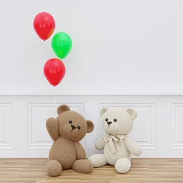 3d rendered illustration of a minimal white wall room with toy bears and ball Illustrazione stock