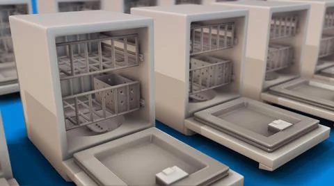 3d rendered illustration of Multiple Dishwasher machines in a row Stock Illustration