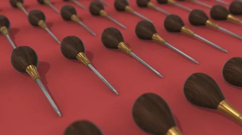 3d rendered illustration of Multiple Scratch Awls with wooden handle in a row Illustration