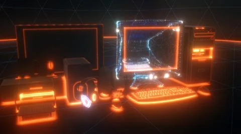 3d Rendered Illustration of Old Used Computers and technologic Office objects 스톡 일러스트