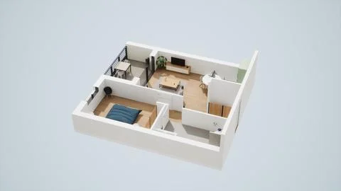 3D-rendered illustration of a one-bedroom apartment, room plan visualization fro Stock Illustration