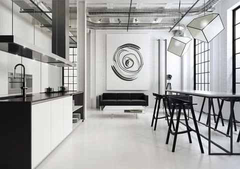 3D rendered illustration of an open plan interior with kitchen, dining room and 스톡 일러스트