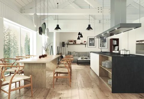 3d rendered illustration of an open plan apartment with a living room, kitchen a Stock Illustration