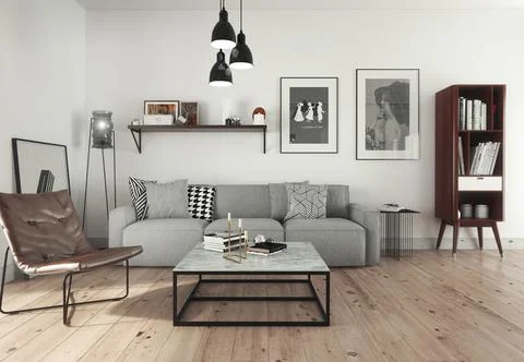 3d rendered illustration of an open plan, modern apartment designed in scandinav Stock Illustration