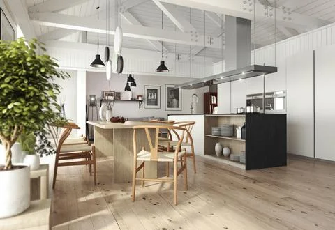 3d rendered illustration of an open plan, modern apartment designed in scandinav Stock Illustration