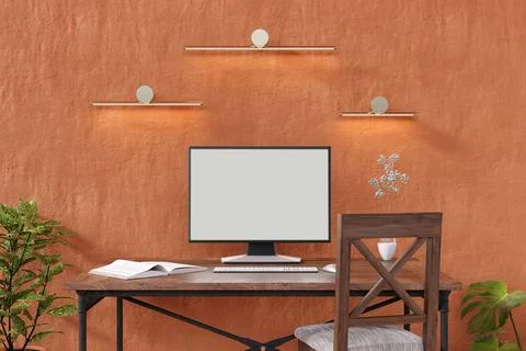 3d rendered illustration pf a blank computer screen on a woking table. Stock Illustration