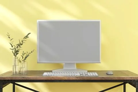 3d rendered illustration pf a blank computer screen on a woking table. Illustrazione stock