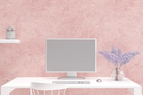 3d rendered illustration pf a desktop computer on a white wooden woking table Stock Illustration