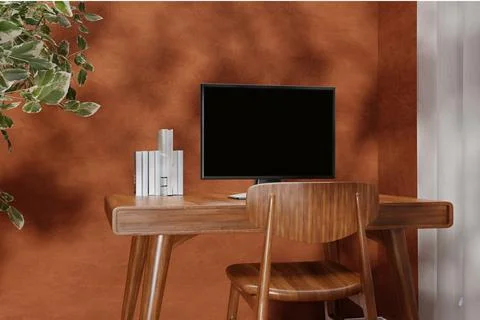 3d rendered illustration pf a desktop computer on a wooden woking table by a Illustrazione stock