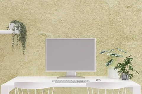 3d rendered illustration pf a desktop computer on a white woking table. Stock Illustration