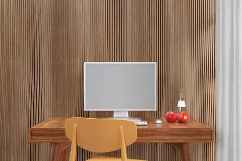 3d rendered illustration pf a desktop computer on a wooden woking table. Stockillustratie