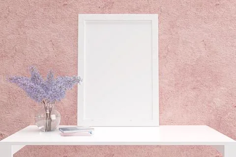 3d rendered illustration of  picture frame mockup on a white table. Stock Illustration