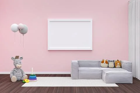 3d rendered illustration of  picture wall frame mockup in a pink wall childre Stock Illustration