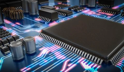 3D rendered illustration of processor or microchip and glowing signals 스톡 일러스트