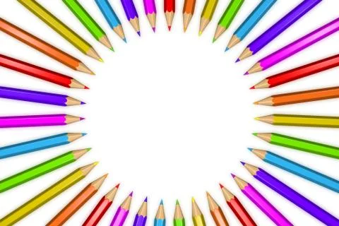 3D rendered illustration of a ring of rainbow colored pencils creating a ci.. Stock Illustration