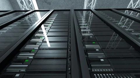 3D Rendered Illustration of server room big black server racks in a row Illustrazione stock
