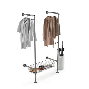 3D-rendered illustration of various clothing pieces on a hanger isolated on a wh Stock Illustration