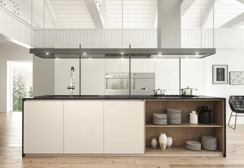 3d rendered illustration of a white kitchen in scandinavian style interior with Stock Illustration