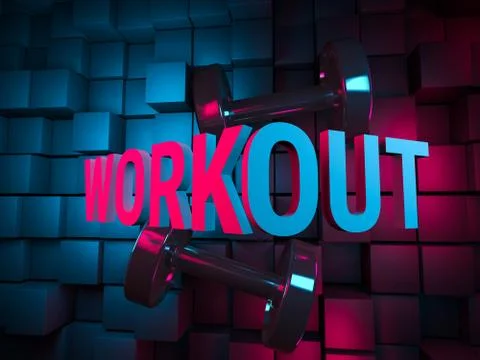 3d rendered illustration, Workout concept with neon light and cubes Stock Illustration