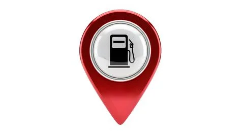 3d rendered image of a gas pump icon on a red location pin Stock Photos