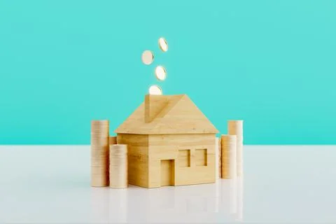 3D rendered image of house with stack of coins Stock Photos
