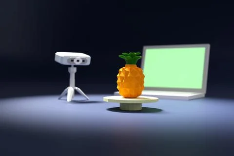 3D rendered image. Low polygon 3D objects.A 3D scanner, a notebook computer,  Stock Illustration