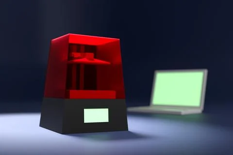 3D rendered image. Low polygon 3D objects. A 3D Printer and a notebook comput 库存插图