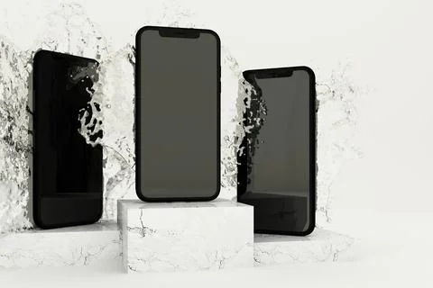 3D rendered image of smartphone splashing by water on white background. Stock Illustration