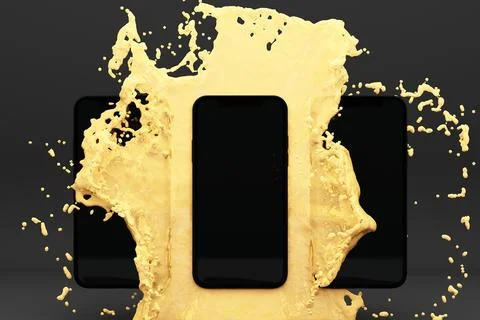 3D rendered image of smartphone splashing into yellow water on grey backgroun Stock Photos