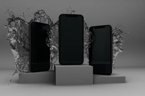 3D rendered image of smartphone splashing by water on white background. Stock Photos