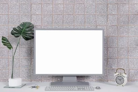 3d rendered image of a working desk with a modern desktop computer. Stock Illustration