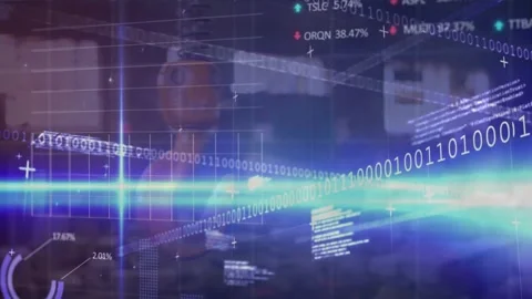 3D-rendered industrial robotic arm projecting grid, streaming blue pulses, Stock Footage 327126561