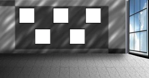 3d rendered interior of a room with nothing but five empty frames or posters Stock Illustration